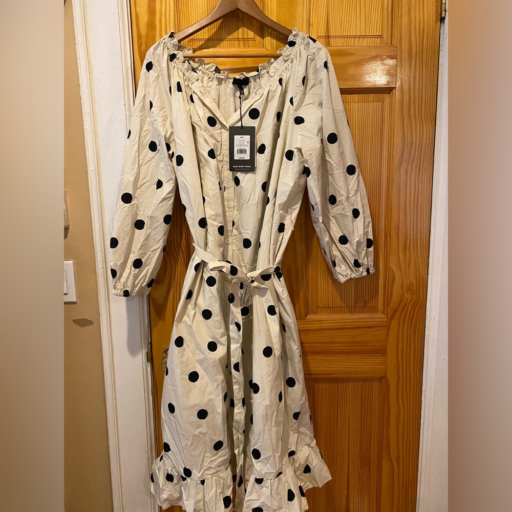 Women’s Polka Dot Black and White Off the Shoulder Dress